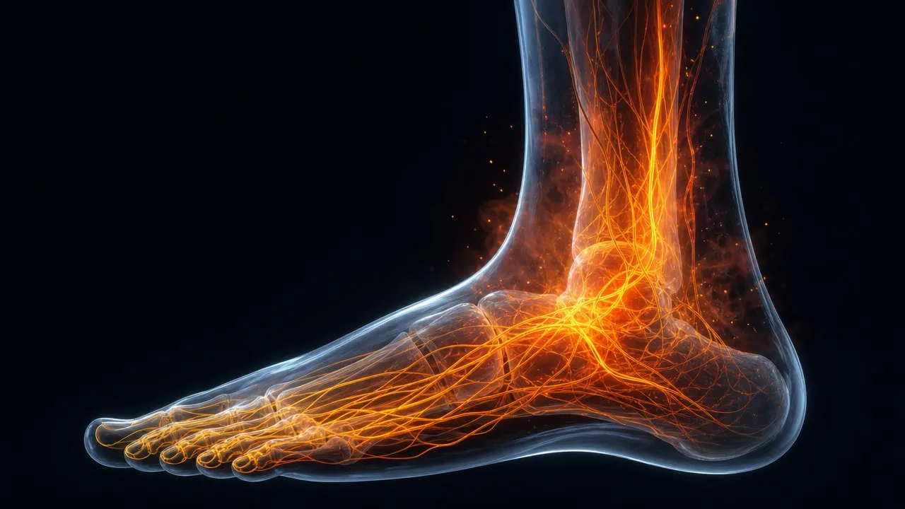 Translucent foot with glowing CRPS pain nerves