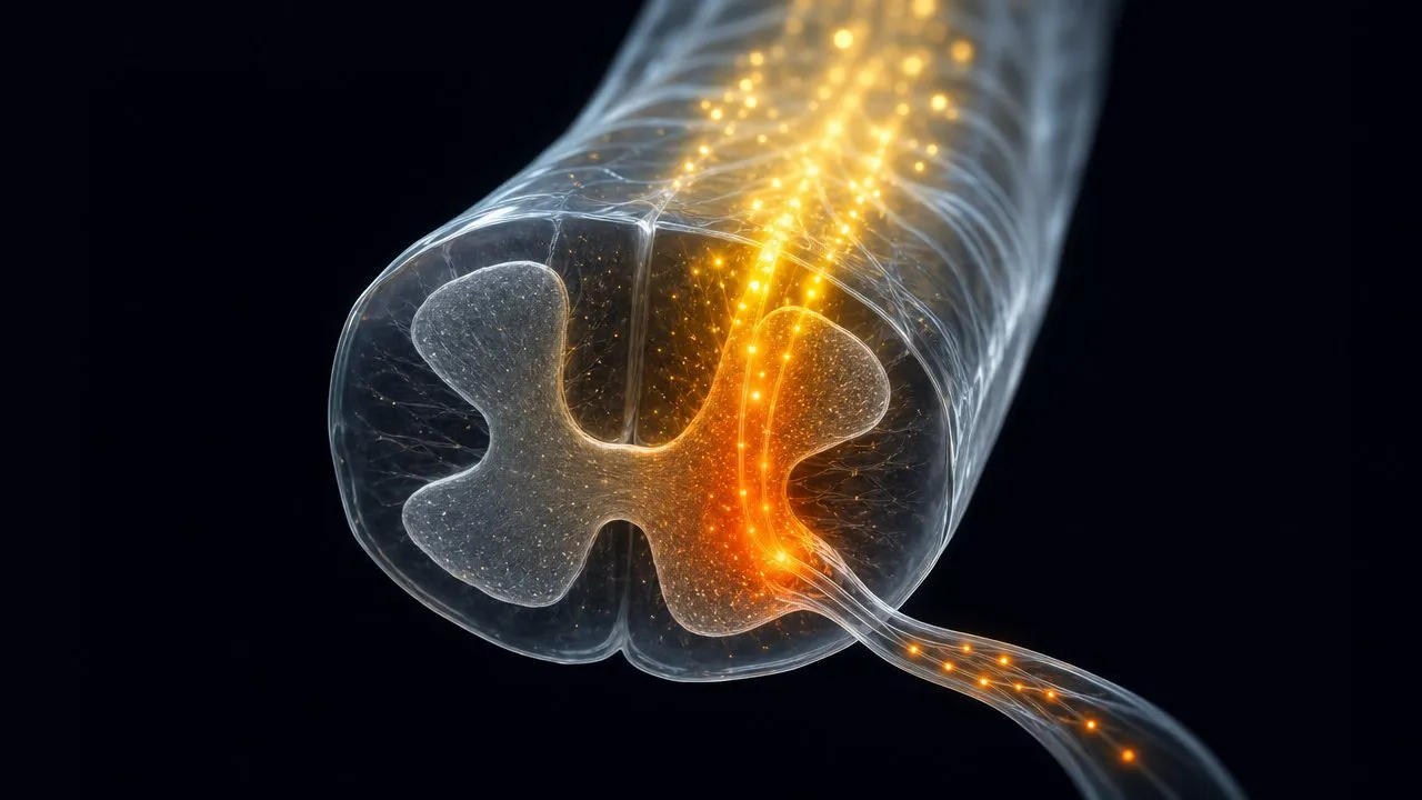 Glowing spinal cord illustrating amplified CRPS pain signals